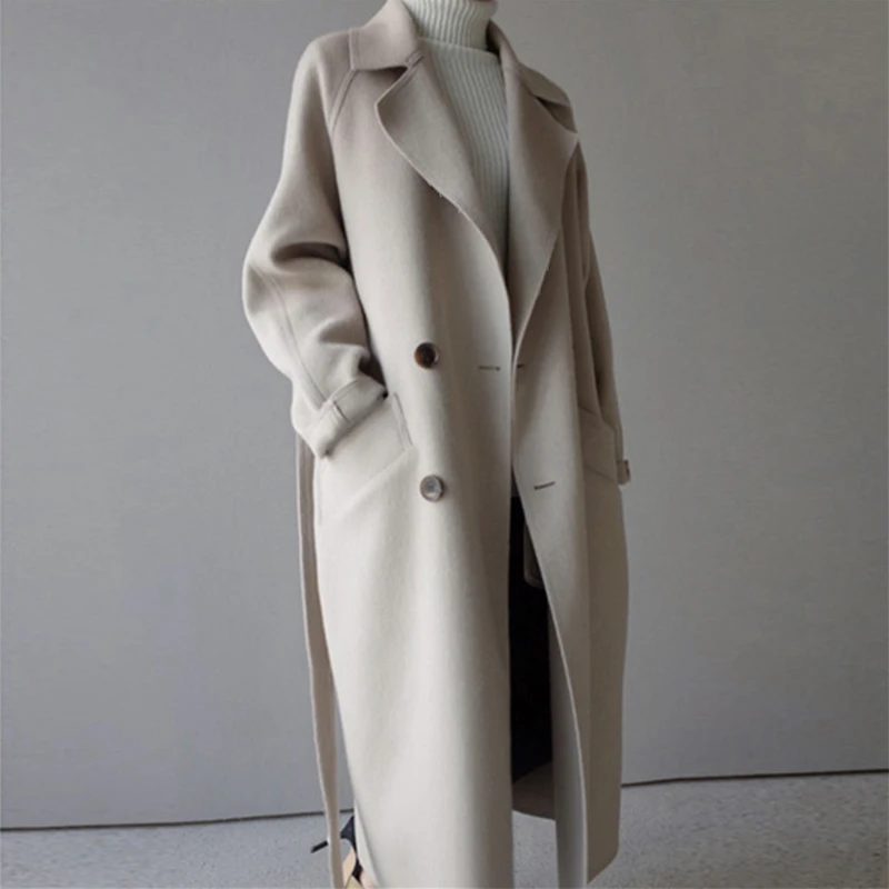 Шерстяной двухсторонний свободный Тренч, женское осеннее и зимнее шерстяное пальто, женское кашемировое пальто с широкой талией, длинное Однотонное шерстяное пальто