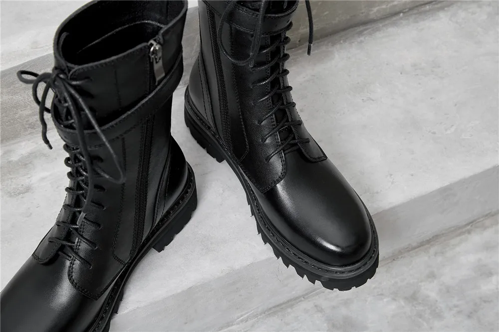 Full genuine leather lace up med heels punk superstar equestrian knee high boots buckle fasteners plus size 34-43 YT12 MUYISEXI
