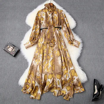 

Gold Lurex Bow Collar High Waist Irregular Printed Long Sleeve Chiffon Dress Women Elegant Mid-Calf Vestidos Belted 2020 Spring