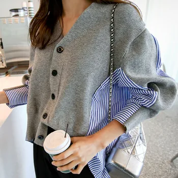 

New Knitted Sweater Women 2020 Korean Fashion Fake Two Piece Striped Patchwork Knitwear Female Tops Ladies Blouse Shirts M-4XL