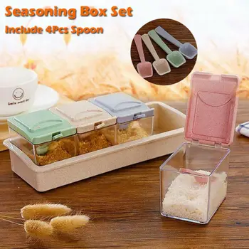 

4pcs/sets Kitchen Seasoning Box Set Spice Jars Condiment Sugar Salt Storage Container Case wheat straw high quality new