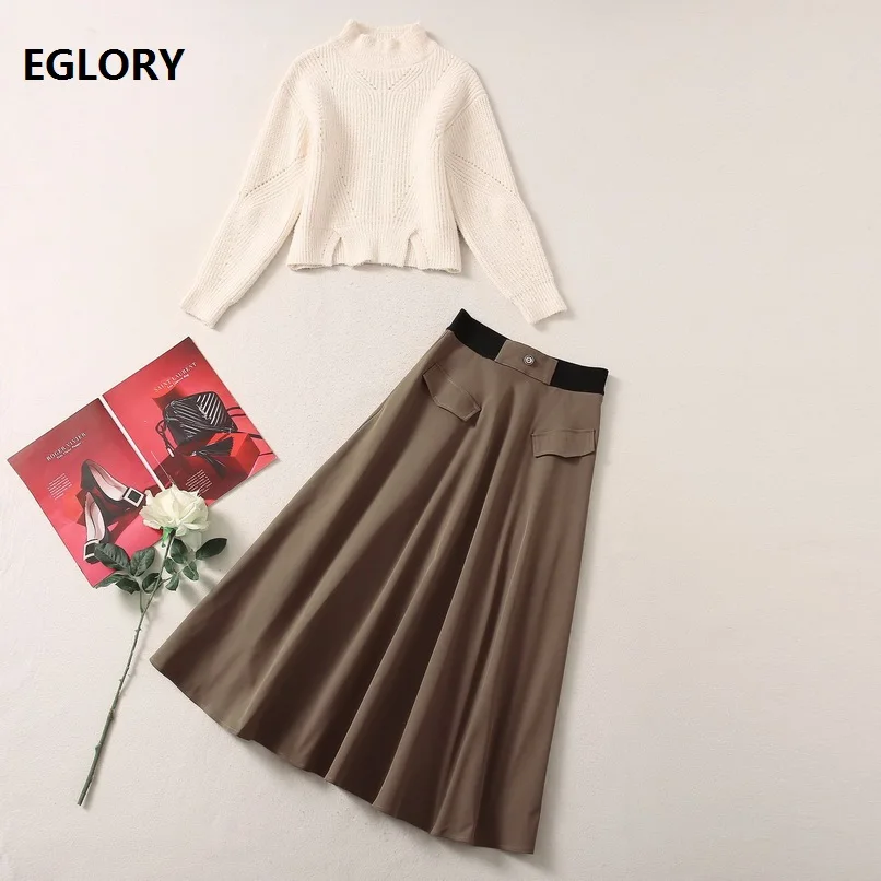 

High Quality New Skirt Suits 2021 Early Spring Autumn 2 Piece Set Women Stand Neck Knitted Pullovers +High Waist A-Line Skirts