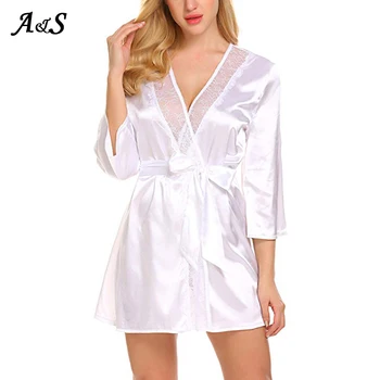 

Women Sexy V-neck Nightgown Silk Kimono Gown Lace Lingerie Bathrobe Nightwear Bowknot Satin Nightdress Femme Sleepwear