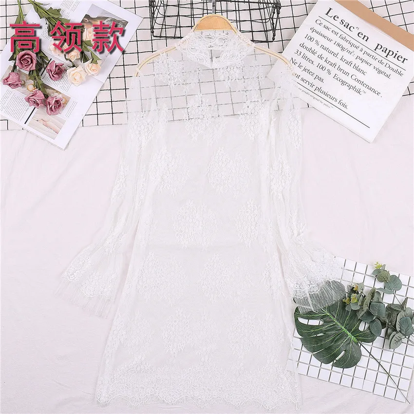 2019 New Fashion Autumn Women Hollow Out Lace Blouses Turtleneck Mesh Shirts All-match Lady Tops Pullovers Brief Bottomings 907 3