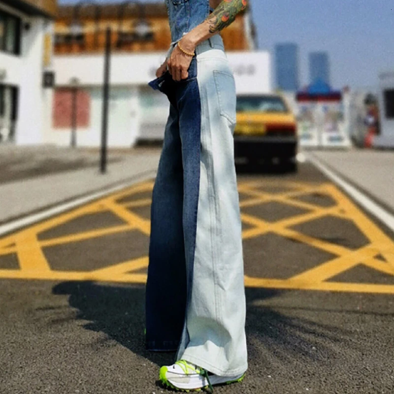 SeeBeautiful, новая мода, Осень-зима, контрастные цвета, на шнуровке, карманы, Сплит, свободные джинсы, широкие, джинсовые штаны для женщин, Q147