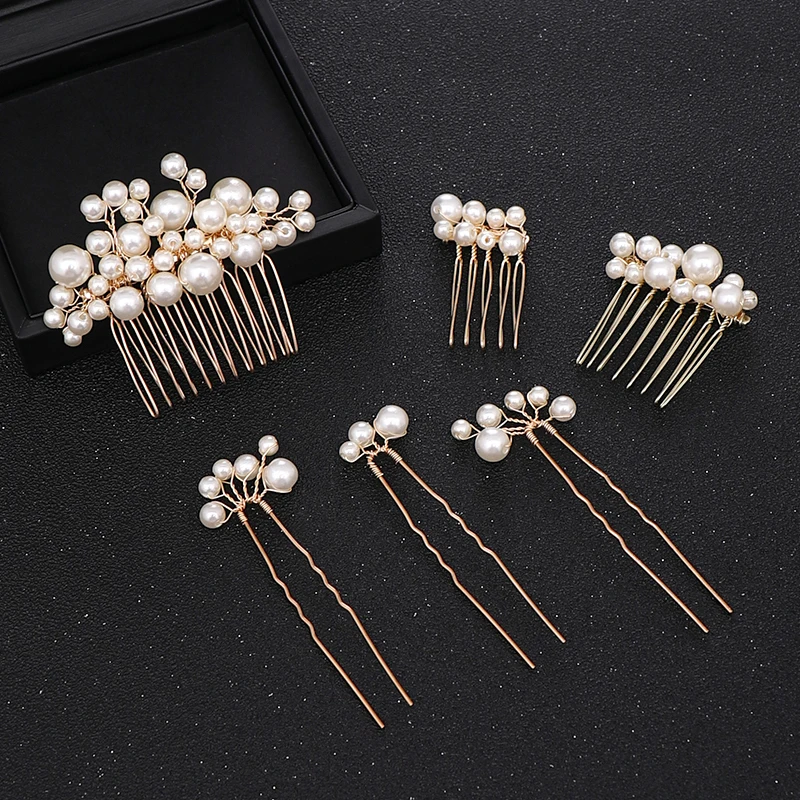 6 pcs Sets 6 шт., золотые жемчужные волосы, гребешки-заколки, аксессуары для волос, свадебный головной убор, тиара, женские свадебные украшения для волос, аксессуары - Окраска металла: 6 pcs Sets