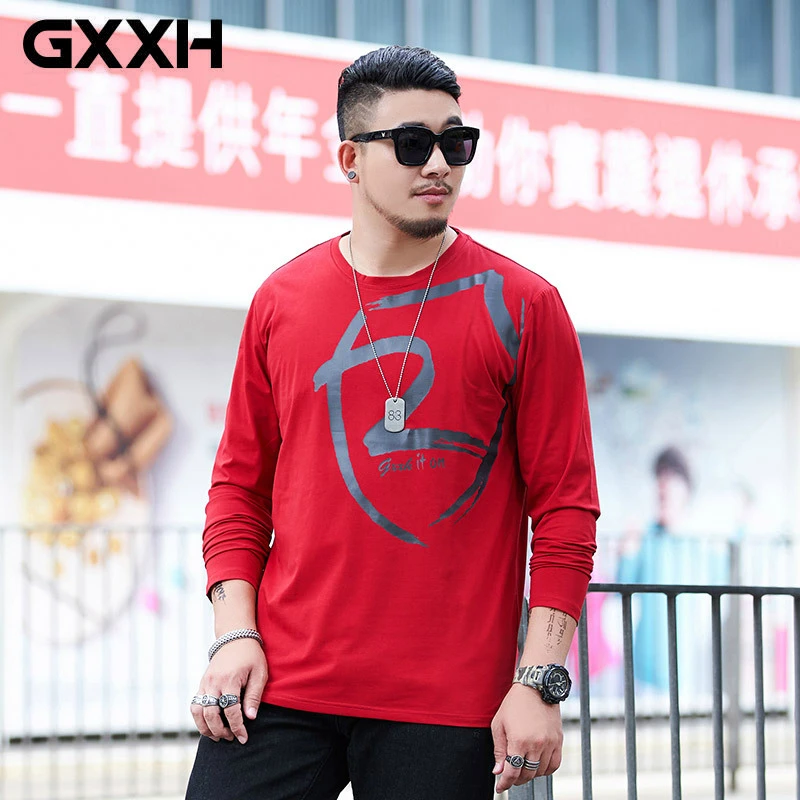 

GXXH Big Men's Fashion Brand Fat Autumn Dress Round Collar Long-sleeved T-shirt Fat Fattening and Increasing Loose Print T-shirt