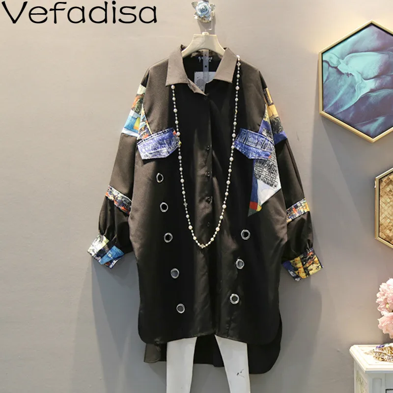 Vefadisa, Весенняя длинная Повседневная блузка из полиэстера, Лоскутная блуза с длинным рукавом, блузка с отложным воротником, необычная женская блузка QYF386