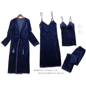 

Autumn Winter Warm 4 Pieces Pajamas Set Women Sexy Pajamas Sleepwear For Women Sleeveless Strap Nightwear Long Pant Robe