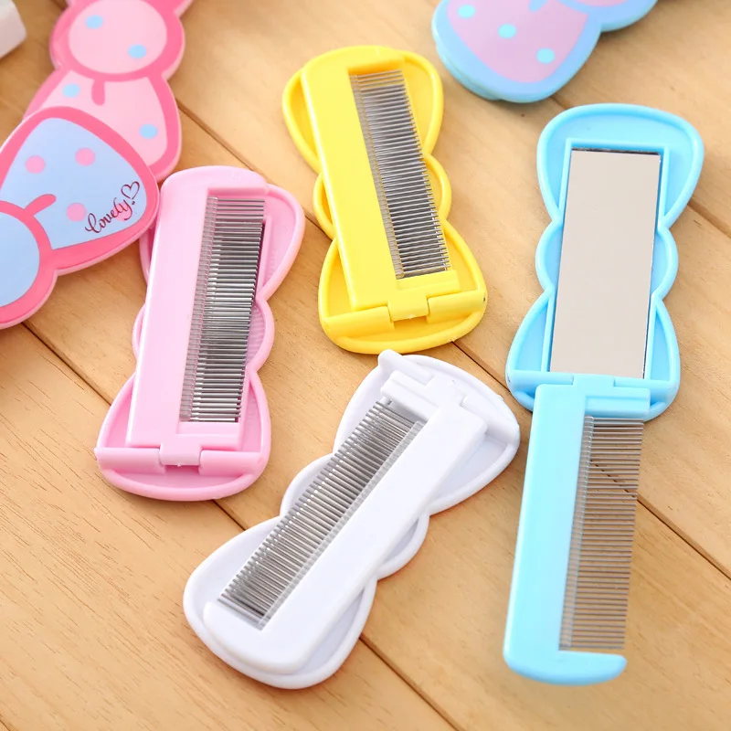 0757 Cute Cartoon Ribbon Comb Makeup Mirror Students Creative Set Folding Portable Small Mirror