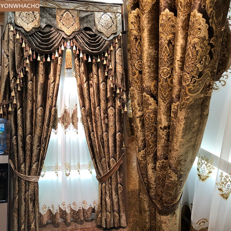 Custom curtain European high-end brown Bronzing velvet court luxury villa cloth blackout curtain tulle valance drapes B615