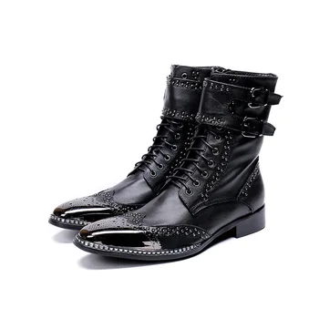 

Men's Army Martin Boots High Top Shoes All Match Riding a Pedal Winter Boots Zapatos Hombre Pointed Toe Ankle Genuine Leather