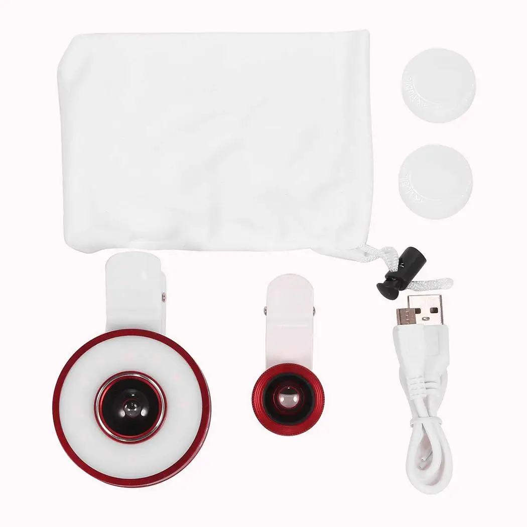 6 In 1 Clip On LED Light Fisheye Smartphones, Tablet PC 300pcs Wide Angle Macro Lens Kit For Smartphones