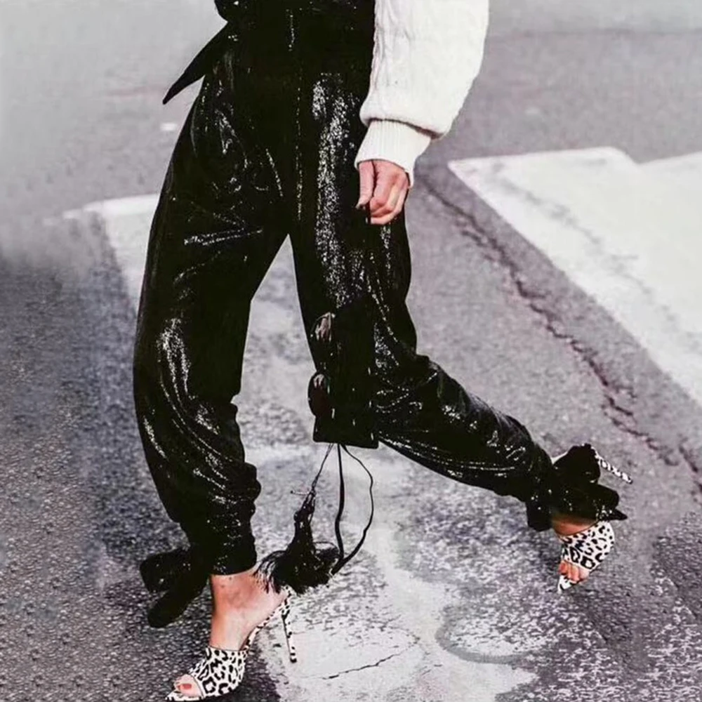 Женские длинные штаны с блестками и высокой талией женские свободные бандажные