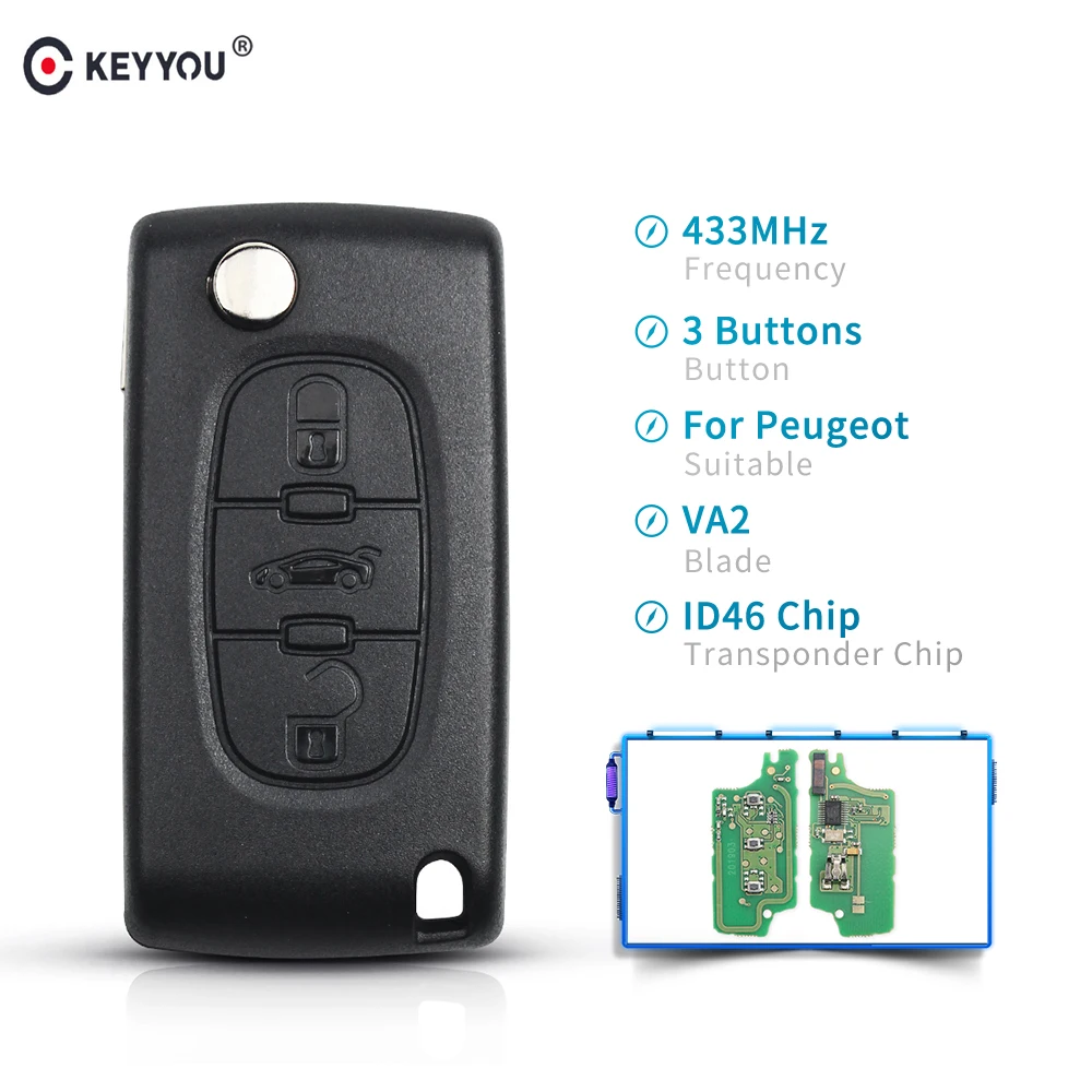 KEYYOU 433 МГц ID46 чип-ключ для автомобиля для peugeot 207 307 407 208 308 408 607 партнер дистанционный ключ 3 кнопки CE0536 с VA2 лезвие