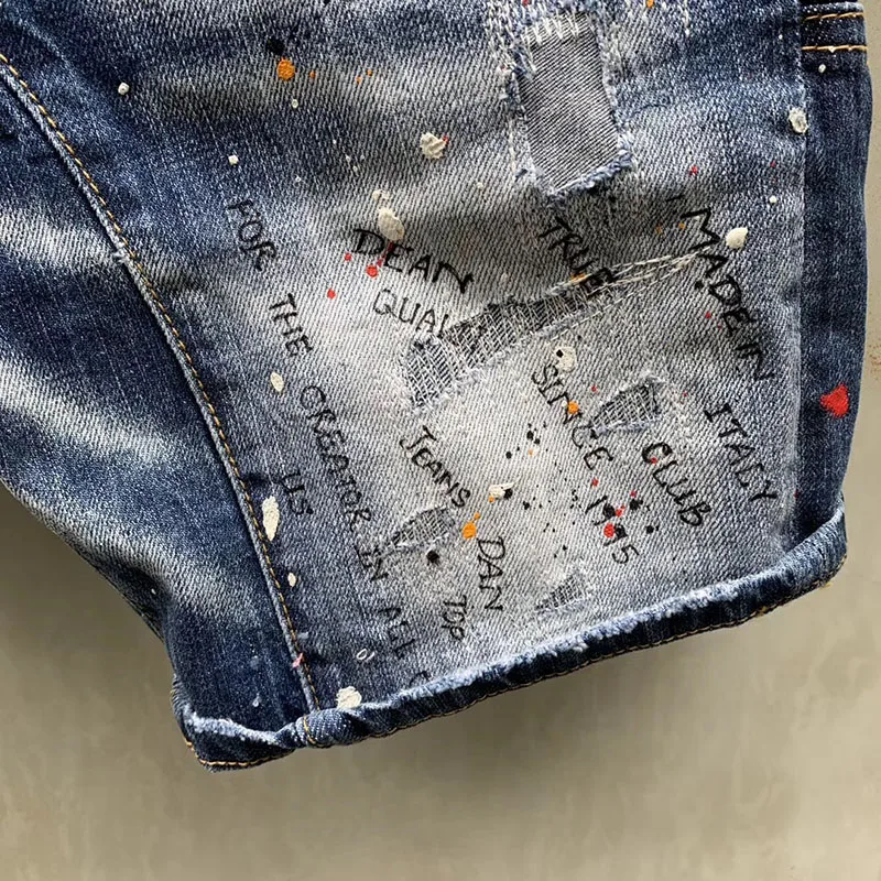 Летний стиль, известный бренд, джинсы италия, мужские шорты, джинсы, мужские джинсовые брюки, на молнии, лоскутные, тонкие, синие, Дырявые шорты, джинсы для мужчин