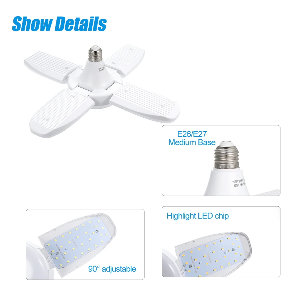 60W E27 Led Bulb Deformable Lamp Garage light LED 3000-6500K Home Lighting High Intensity Parking Warehouse Industrial