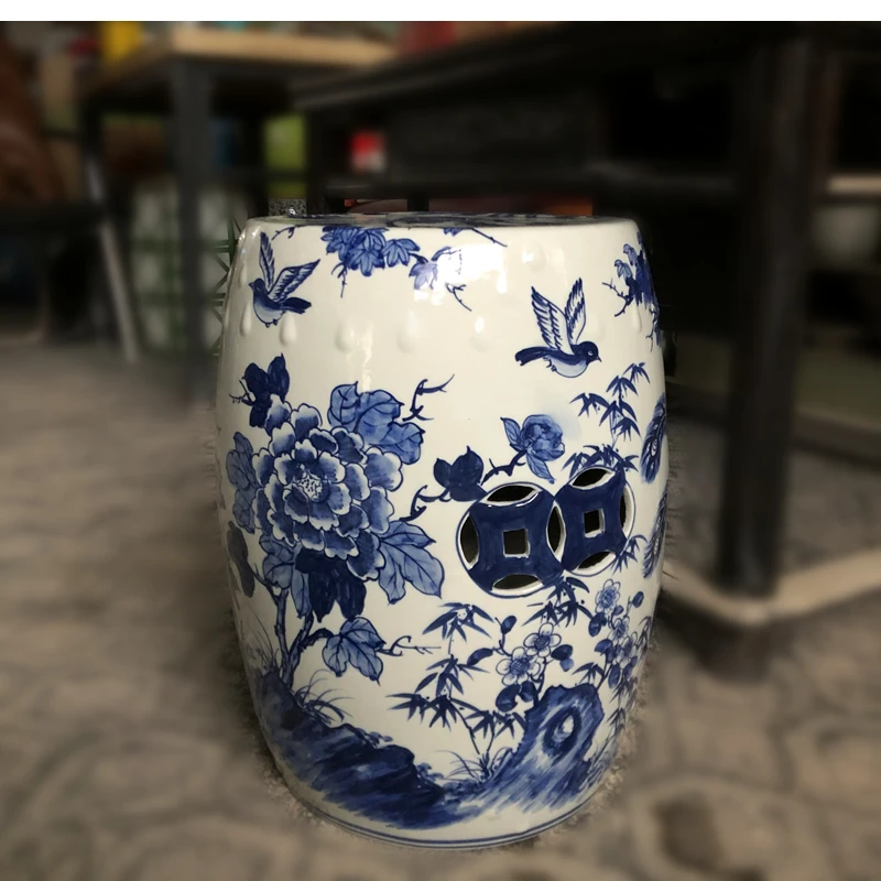 Китайский античный сине-белый керамический богатый пион Феникс барабан