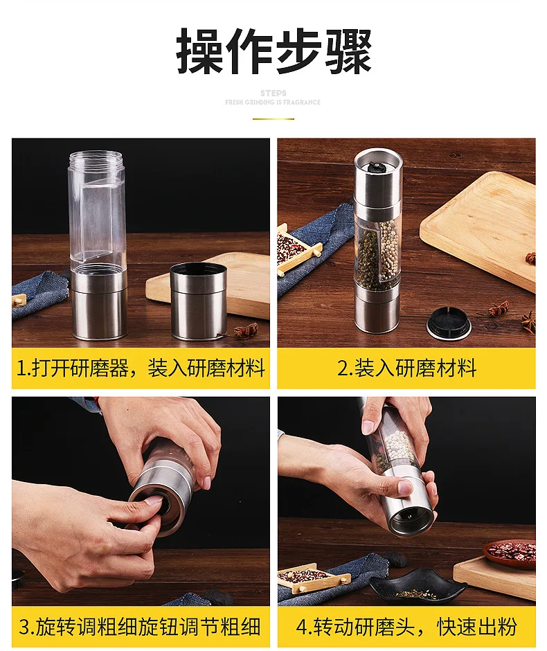 Stainless Steel Pepper Grinder Salt Pepper Double-end Spice Seasoning Mill Grinder