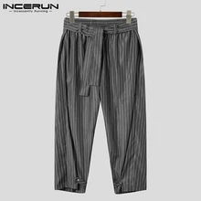 

INCERUN 2021 Men Lace-up Striped Wide-leg Long Pants Handsome Striped All-match Pantalons Male Well Fitting Baggy Trouser S-5XL