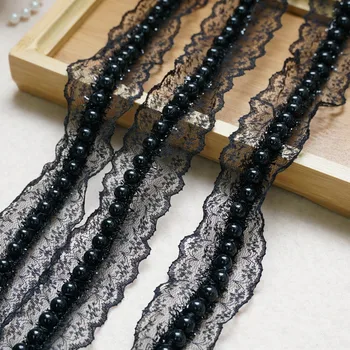

3 Yards Black Beaded Lace Trim Pearls Lace Trim Scalloped edges trim for Bridesmaid gown, Lace Collar, 1 cm Wide