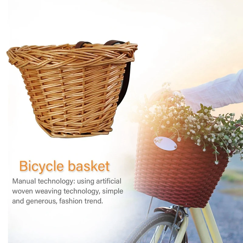 Retro,Handmade,Wicker Bicycle Front Basket With Leather Straps,Fashion Children'S Bicycle Front Basket