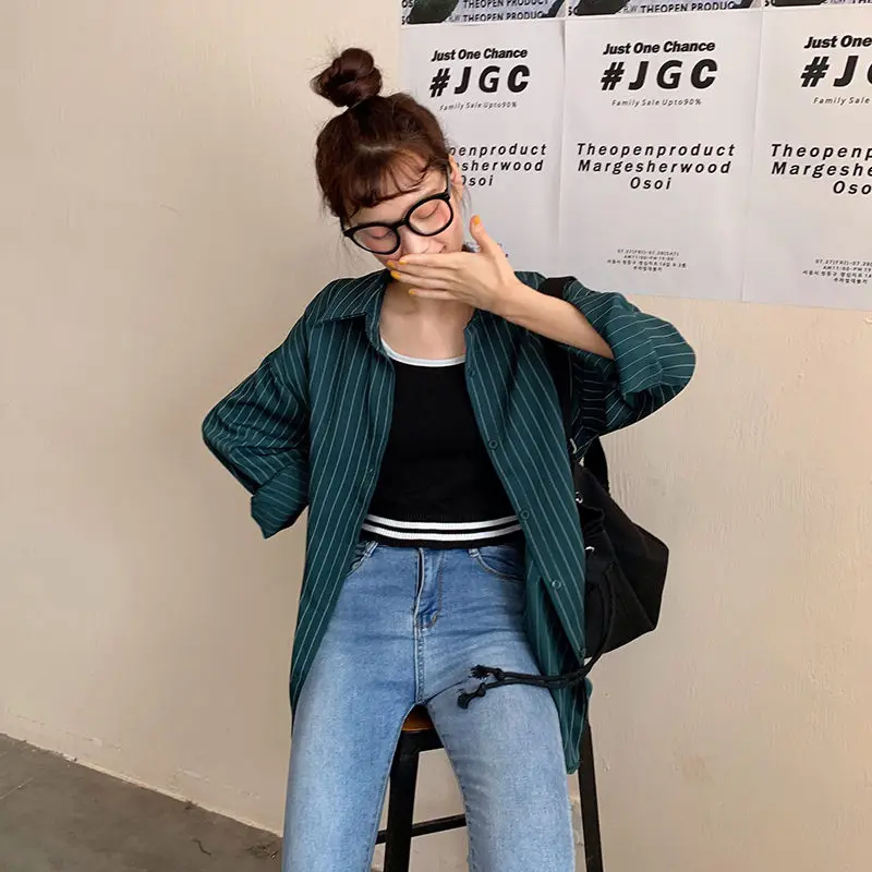 HziriP Green Striped Stylish Elegant Autumn Retro Office Lady Casual Loose Free Women Fashion Full-Sleeved Vintage Tops Shirts