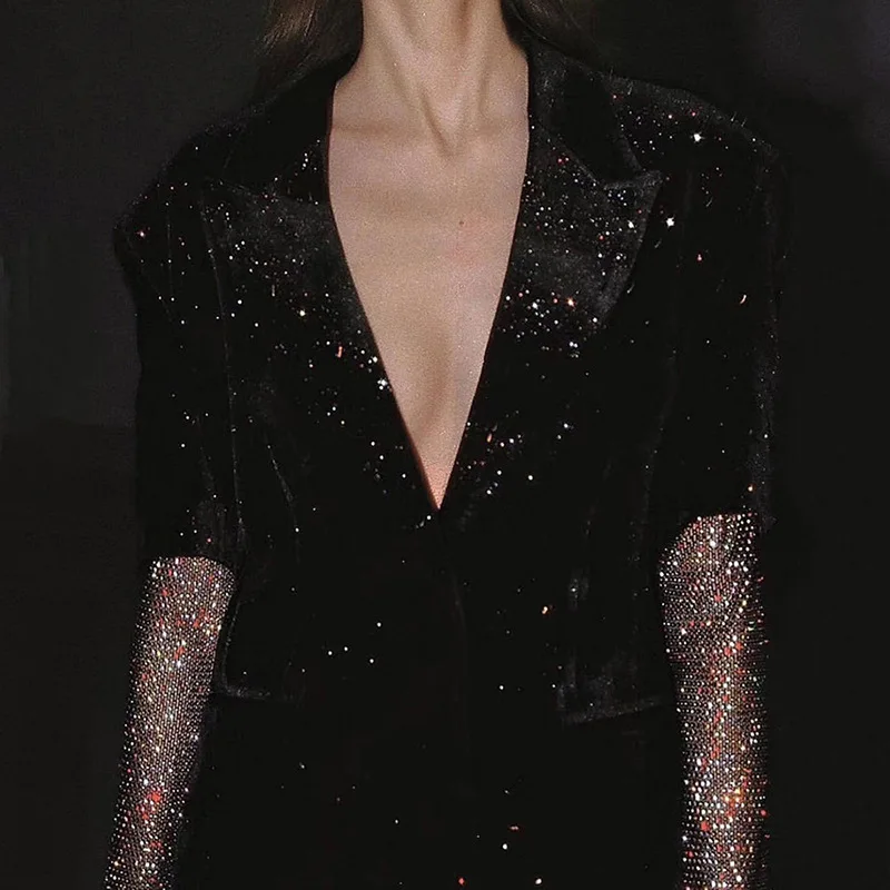 

CAMIA 2019 luxury women colorful diamonds mesh Long sleeve patchwork velvet blazer coat Female