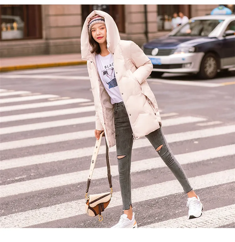 Hooded down Jacket Women's Winter New Style Fashion Mid-length Korean-style Loose Thick Warm White Duck down Coat