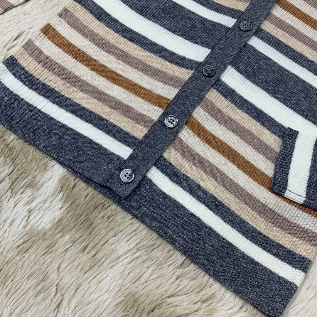 new ladies fashion long-sleeved sexy casual striped color matching sweater cardigan 1014