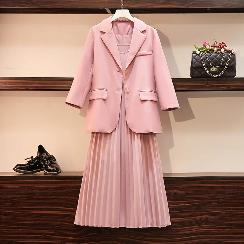 Pinkish set Большие размеры, Женский комплект 2 шт., весна-осень, элегантный женский Блейзер и плиссированное платье-комбинация, комплект одежды розового цвета - Цвет: Pinkish set