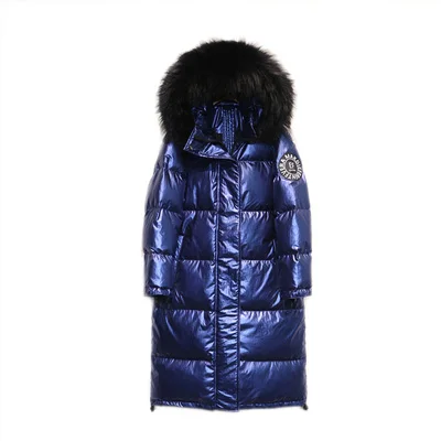 Blue Black Fur Пуховик женщина зима ГОРЯЧЕЕ Яркое лицо сбольшим меховым воротником капюшоном Теплый свободный длинный белый пуховик - Цвет: Blue Black Fur