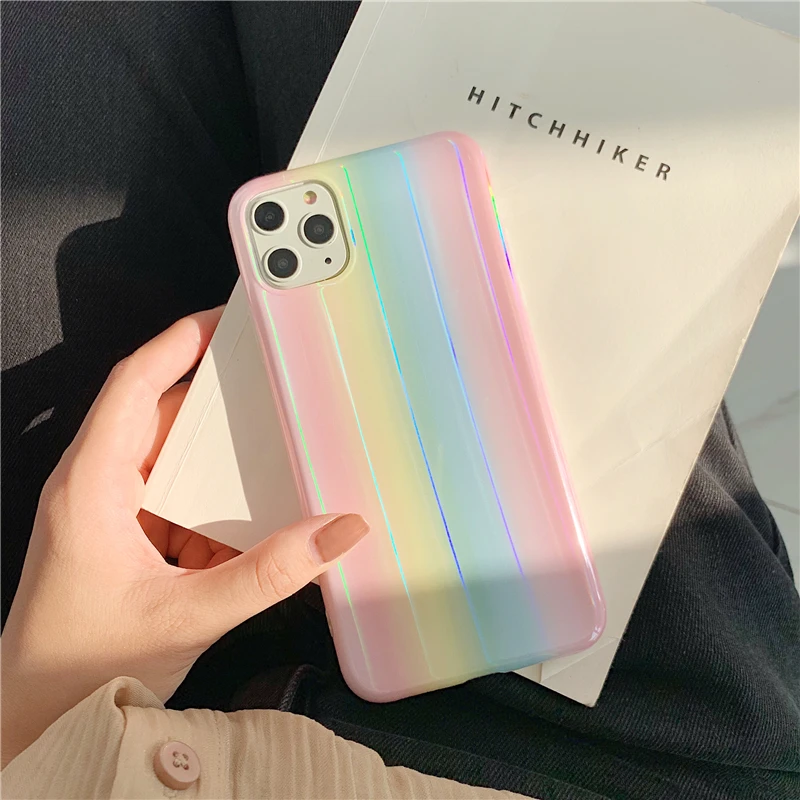 Цветной Гладкий лазерный Радужный чехол для iphone 11 11Pro Max XS Max X XR 6 7 8 Plus чехол для телефона задняя крышка Капа со складным кольцом