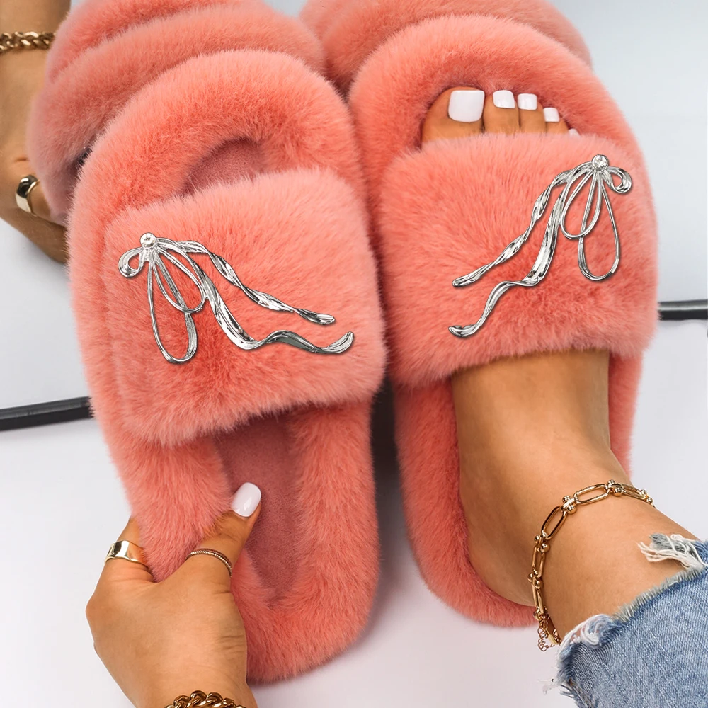 Flip Flop Slippers Bowknot Faux Fur Fuzzy Slides Plush Outdoor Sandals Fluffy Slippers High Quality Designer Shoes Free Shipping
