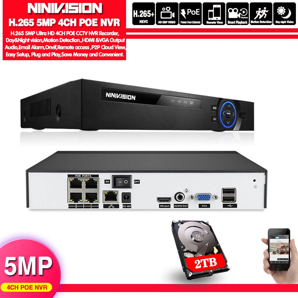 Сетевой видеорегистратор H.265/H.264 4 канала 8 каналов 48 В POE IP камера NVR P2P ONVIF 4*5 МП 8*4 Мп
