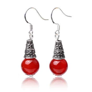 

925 Silver Genuine Natural Red Agate Tibetan Silver Earrings Anti-allergy