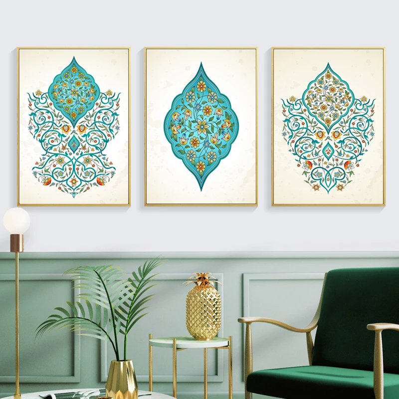 

Ornate Arabesque Islamic Turquoise Floral Wall Art Canvas Paintings Islam Muslim Pictures Posters Prints Living Room Home Decor