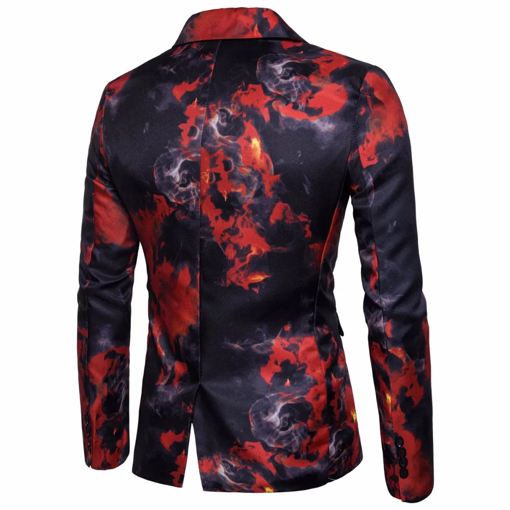 Mens Red Flame Printed Blazer Jacket Casual Slim Fit Single Button 3XL