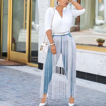 

Fashion Tassels Womens Denim Jeans Skinny Elastic High Waist Pencil Pants Plus Size Ankle- Length Trousers Blue