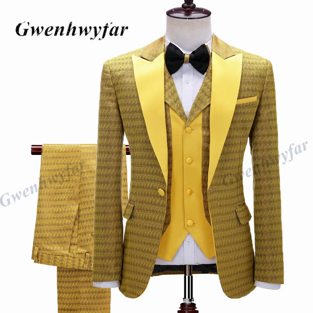 Gold Straw Pattern Costume Homme Mariage Groom Men Suit Slim Fit Man Tuxedo Bridegroom Wedding Suits 3 Pieces