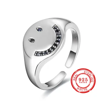 

Korean version 925 sterling silver ring retro style smiley face ring zircon inlaid ladies wedding gift silver jewelry