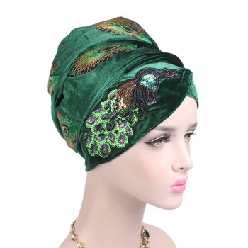 

The new style peacock Stretch Turban Ruffle Hair Hats Beanie Bandanas Scarf Head Wrap Headwear for Women 95