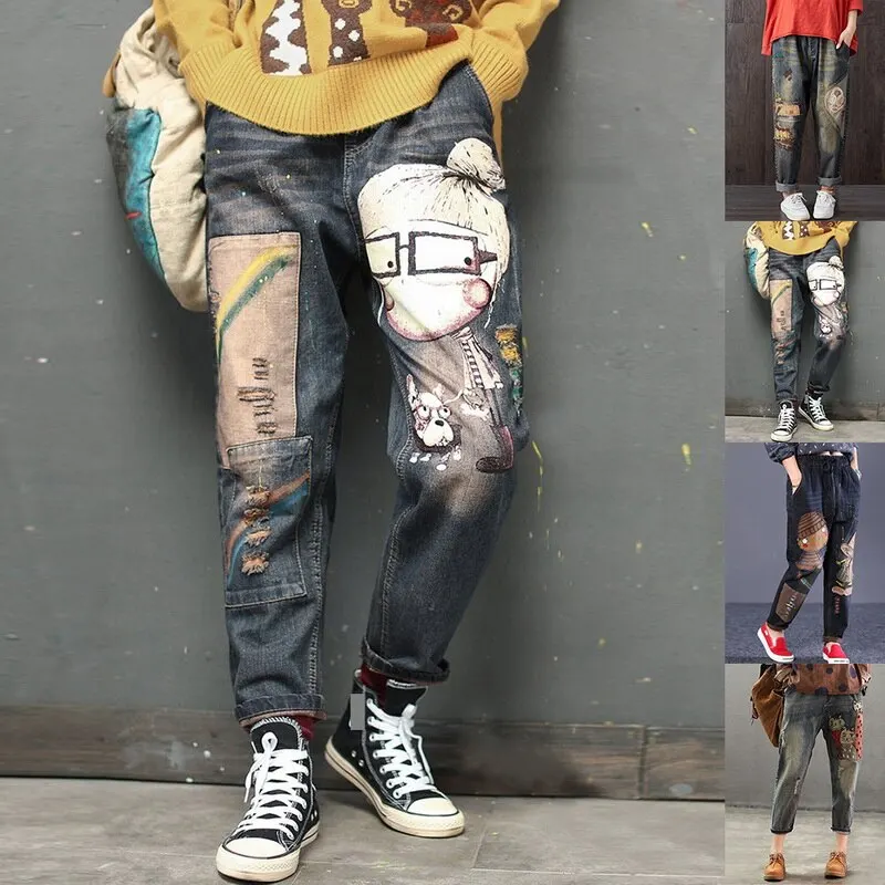 Fashion Distressed Ripped Women Summer Holes Loose Trouser Drawstring Elastic Waist Pockets Long Pencil Denim Jeans hot Fashion Distressed Ripped Women Summer Holes Loose Trouser Drawstring Elastic Waist Pockets Long Pencil Denim Jeans hot