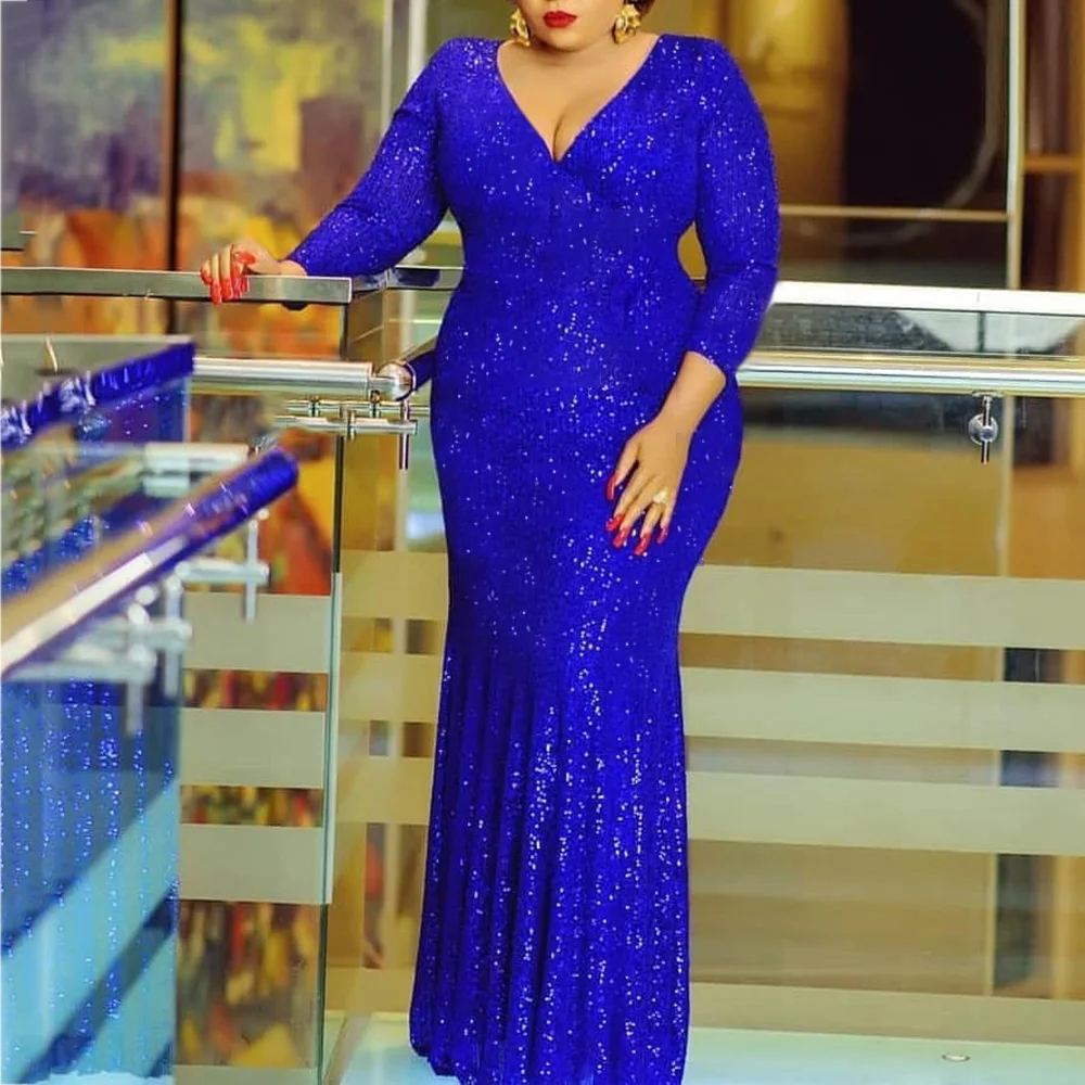 

African Women Formal Evening Dinner Sequin Plus Size Dress Blue Sexy Maxi Elegant Bodycon Mermaid Party Dress Big Size Long 2020