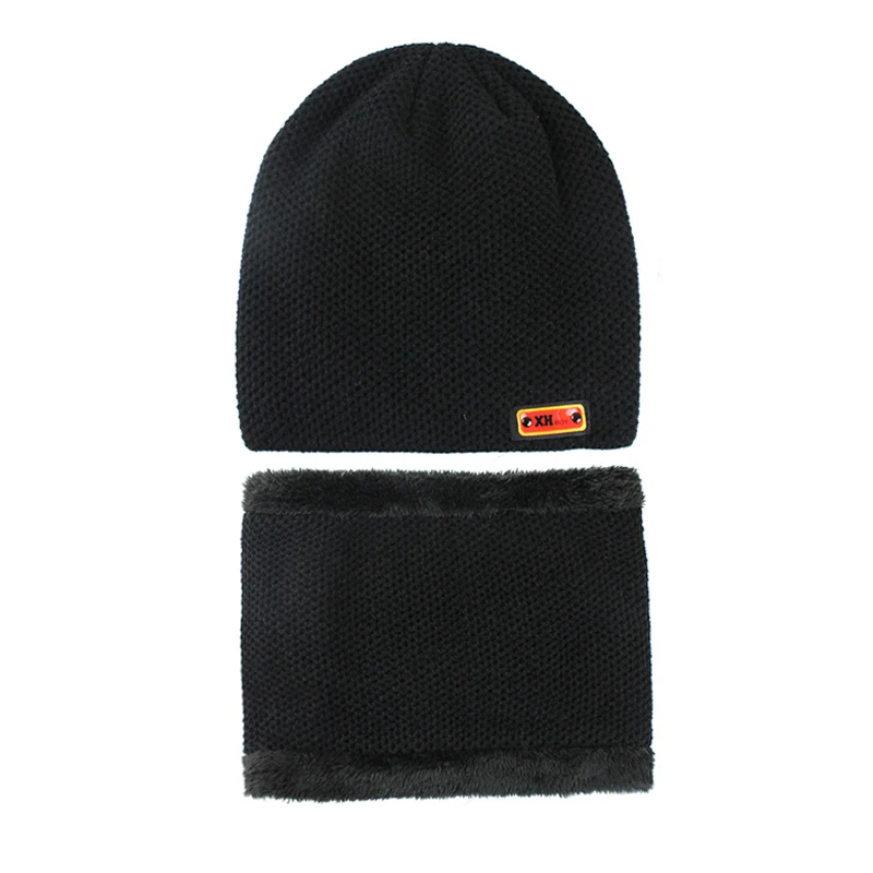 [FLB] Skullies Beanies Мужская вязаная шапка мужская плюс Gorras Bonnet теплые толстые зимние шапки для мужчин и женщин шапка F18072 - Цвет: Black Set