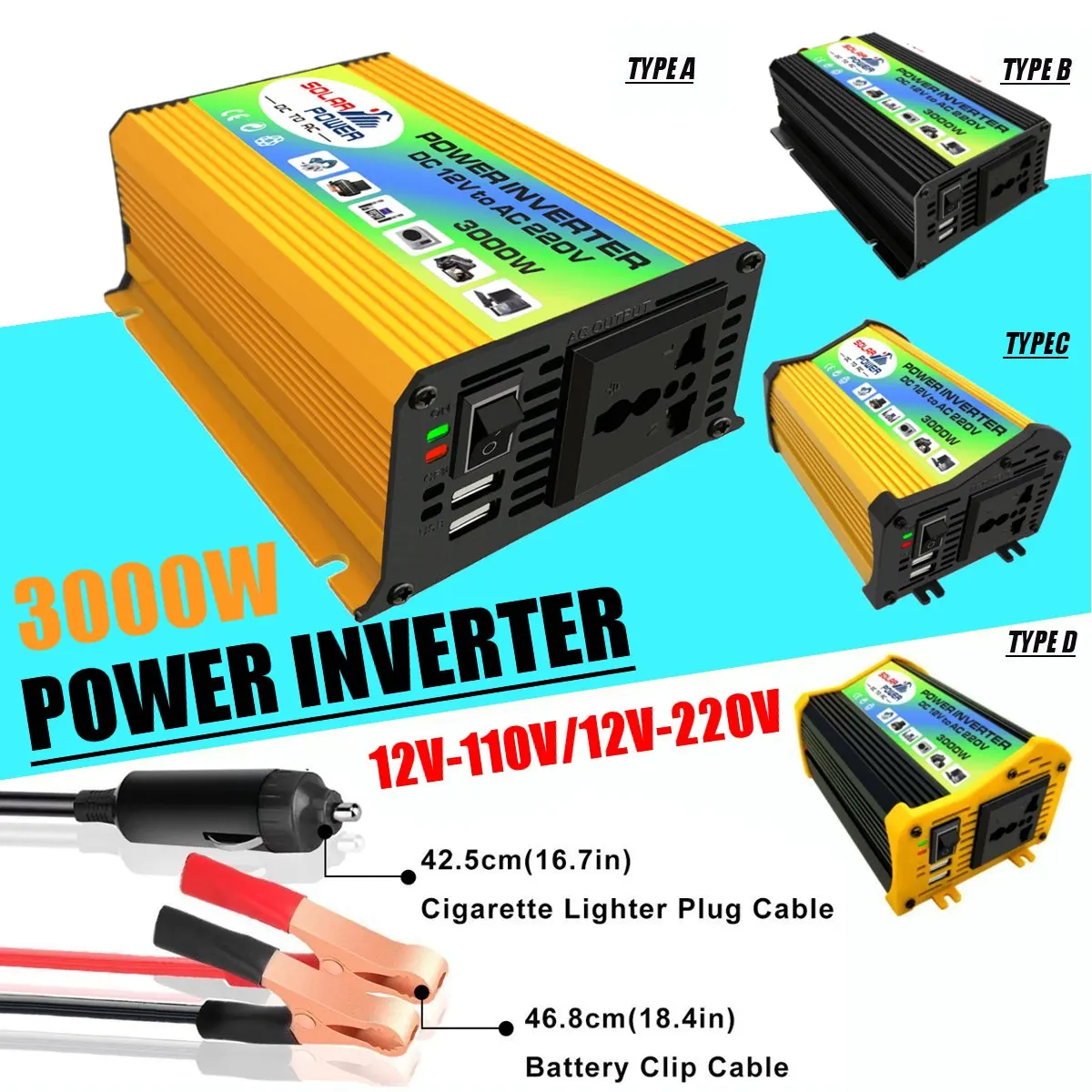

3000W Max Voltage Car Inverter Solar Inverter Transformer Converter DC 12V To AC 110V For Solar Inverter Home Appliances