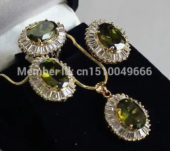 

SU225 Hot sale GOOD SHIP>>>Plated Inlay Peridot Crystal Necklace Ring Earring set AAA 01