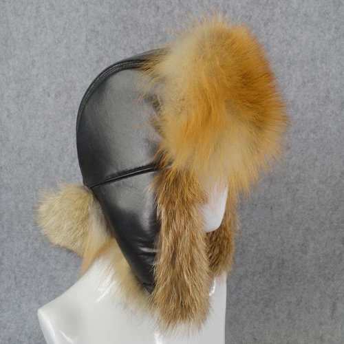 red fox fur Мужская Роскошная зимняя Русская Шапка из натурального Лисьего меха, теплая мягкая качественная шапка-бомберы из натурального меха енота, шапка из натуральной овечьей кожи - Цвет: red fox fur