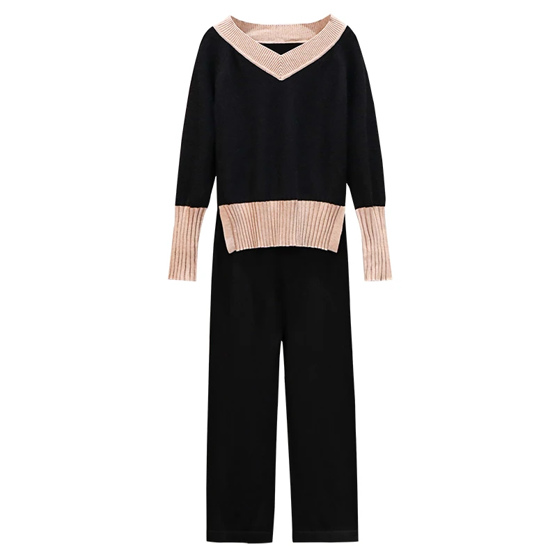 

Big Yards V Neck Pullover Sweater Pants Suits Women Autumn Outfit New Two-Piece Clothing Set Knitwear Leisure Knitted Clothes