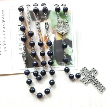 

QIGO Blue Stone Saint Benedict Big Cross Rosary Necklace Religious Long Pray Necklace